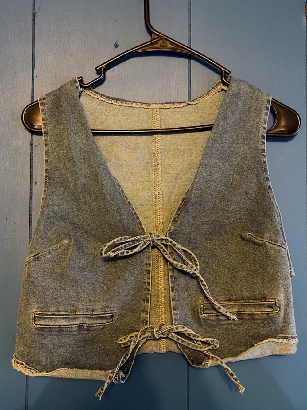 SHEIN Washed Gray Denim Tie-Front Vest